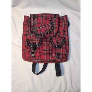 Banned Alternative Tartan Backpack Red Plaid Studded Skull Punk Goth Bag